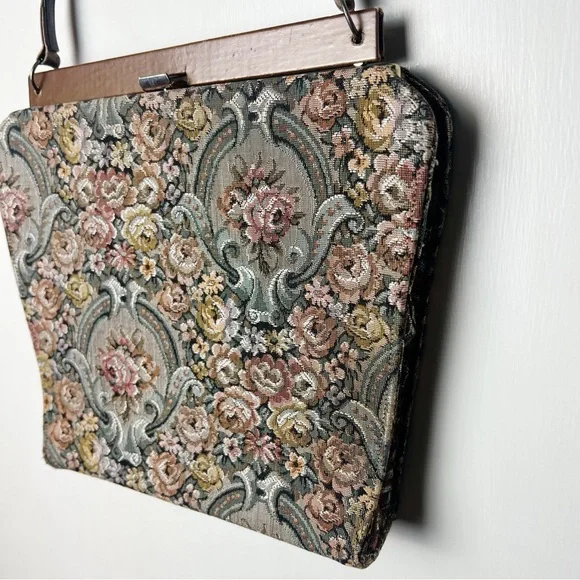Vintage 50s Floral Tapestry Top Handle Kelly Frame Handbag Victorian Roses - Picture 3 of 11